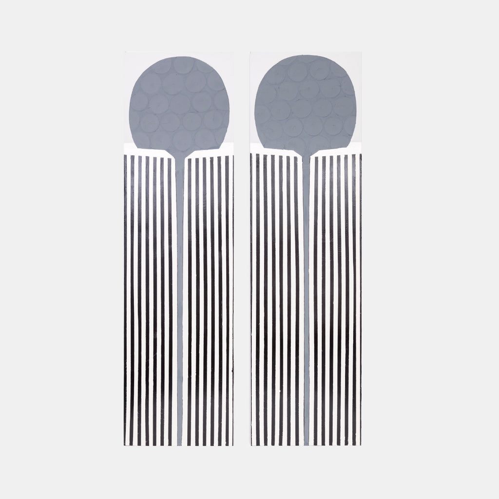 The artwork 'Certain Dark Things #67,68' by Sarah Dineen features two identical minimalist compositions with gray circular forms atop parallel black vertical stripes. Each piece displays a honeycomb-textured dome supported by crisp linear patterns creating a geometric, modern aesthetic. Acrylic on canvas, 100x28 inches each. By Sarah Dineen.