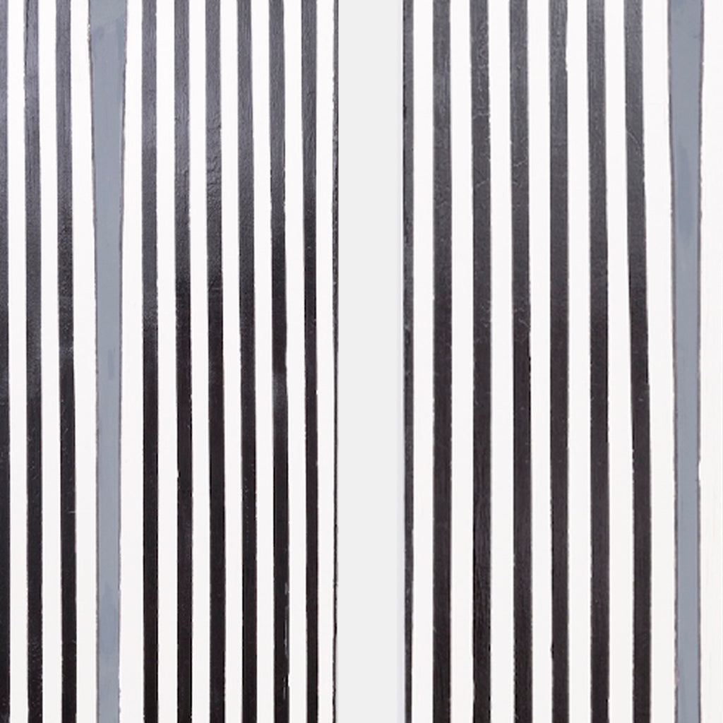 The artwork 'Certain Dark Things #67,68' by Sarah Dineen features a striking minimalist composition of vertical black and white stripes in varying widths. The acrylic on canvas creates a bold rhythmic pattern with crisp, clean lines against a stark white background, achieving a powerful optical effect at 100 inches tall. A contemporary abstract geometric design by Sarah Dineen.
