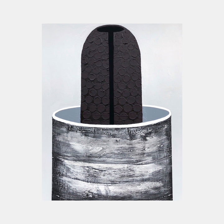 The artwork 'Certain Dark Things #82' by Sarah Dineen features a striking monochromatic composition with a black arched form adorned with textured circular patterns, rising from a cylindrical base rendered in weathered grayscale with brushstroke textures. The 60x48 inch acrylic painting combines architectural elements with abstract expressionist techniques. By Sarah Dineen.