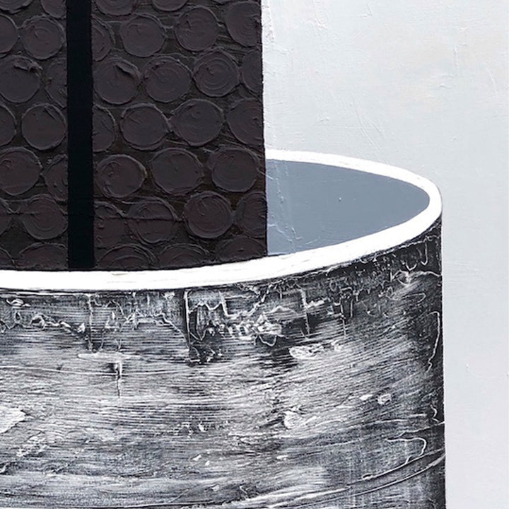 The artwork 'Certain Dark Things #82' by Sarah Dineen features a striking abstract composition with textured circular patterns in deep black against a neutral background. The piece showcases dramatic contrasts between smooth and raised surfaces, with a curved white line bisecting textural elements. The acrylic on canvas creates a compelling interplay of geometric forms and organic textures.