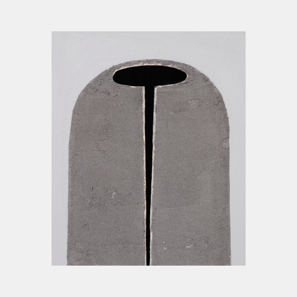 The artwork 'Certain Dark Things #83' by Sarah Dineen features a minimalist abstract design in grayscale, depicting an arch-like form with a distinctive T-shaped negative space. The acrylic on canvas piece showcases textured gray tones against a light background, creating a bold architectural silhouette with clean lines and geometric precision. 24x20 inches by Sarah Dineen.