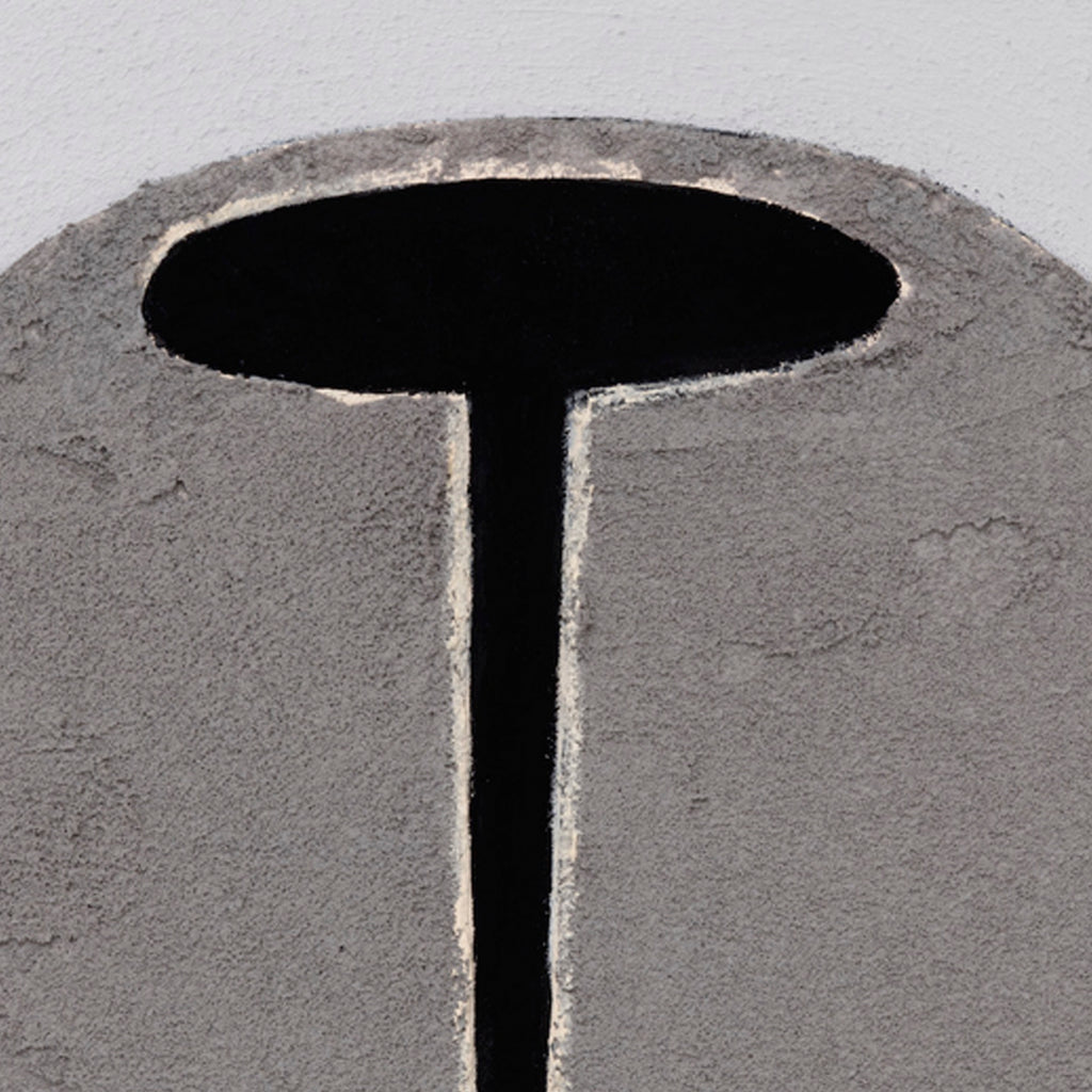 The artwork 'Certain Dark Things #83' by Sarah Dineen features a striking minimalist composition with a bold T-shaped void in black against a textured gray background. The geometric form creates a dramatic contrast, with rough, concrete-like textures in the surrounding surface. Acrylic on canvas, 24x20 inches. By Sarah Dineen.