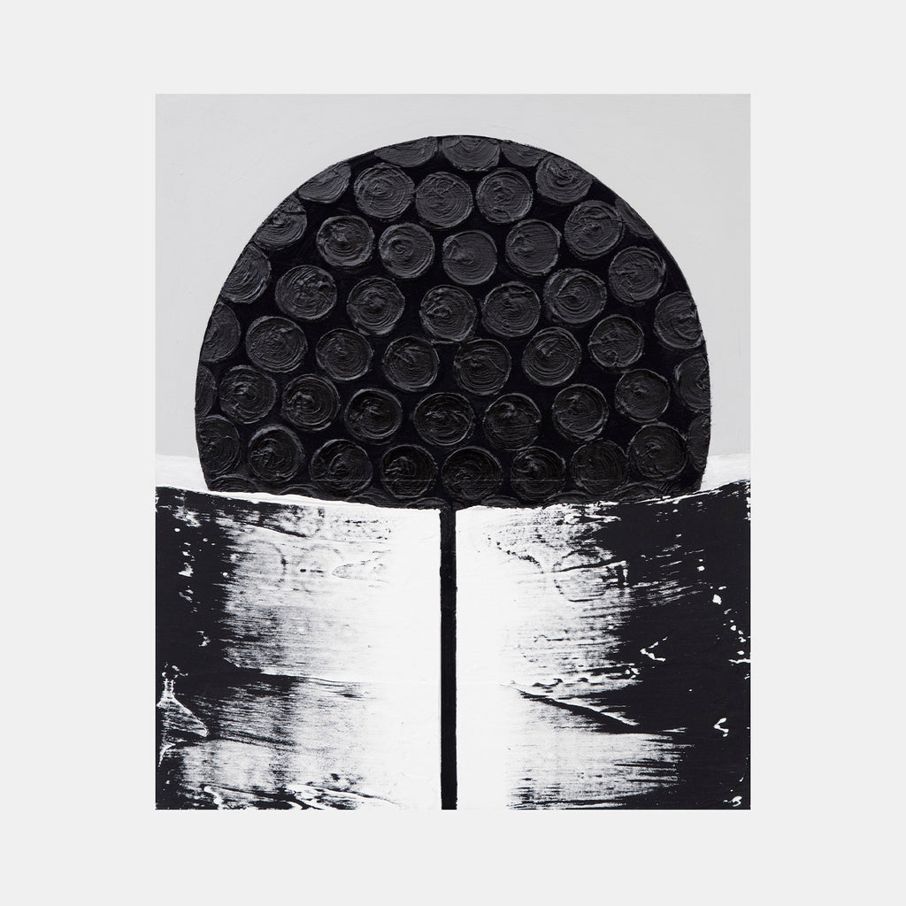 The artwork 'Certain Dark Things #84' by Sarah Dineen features a bold geometric composition with a large black semicircle filled with textured circular patterns resting atop two rectangular columns. The monochromatic acrylic painting on canvas showcases dramatic contrast between deep blacks and white space, with brushstrokes creating a weathered, industrial aesthetic.