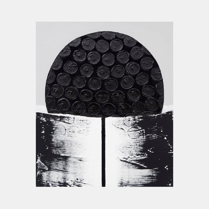 The artwork 'Certain Dark Things #84' by Sarah Dineen features a bold geometric composition with a large black semicircle filled with textured circular patterns resting atop two rectangular columns. The monochromatic acrylic painting on canvas showcases dramatic contrast between deep blacks and white space, with brushstrokes creating a weathered, industrial aesthetic.
