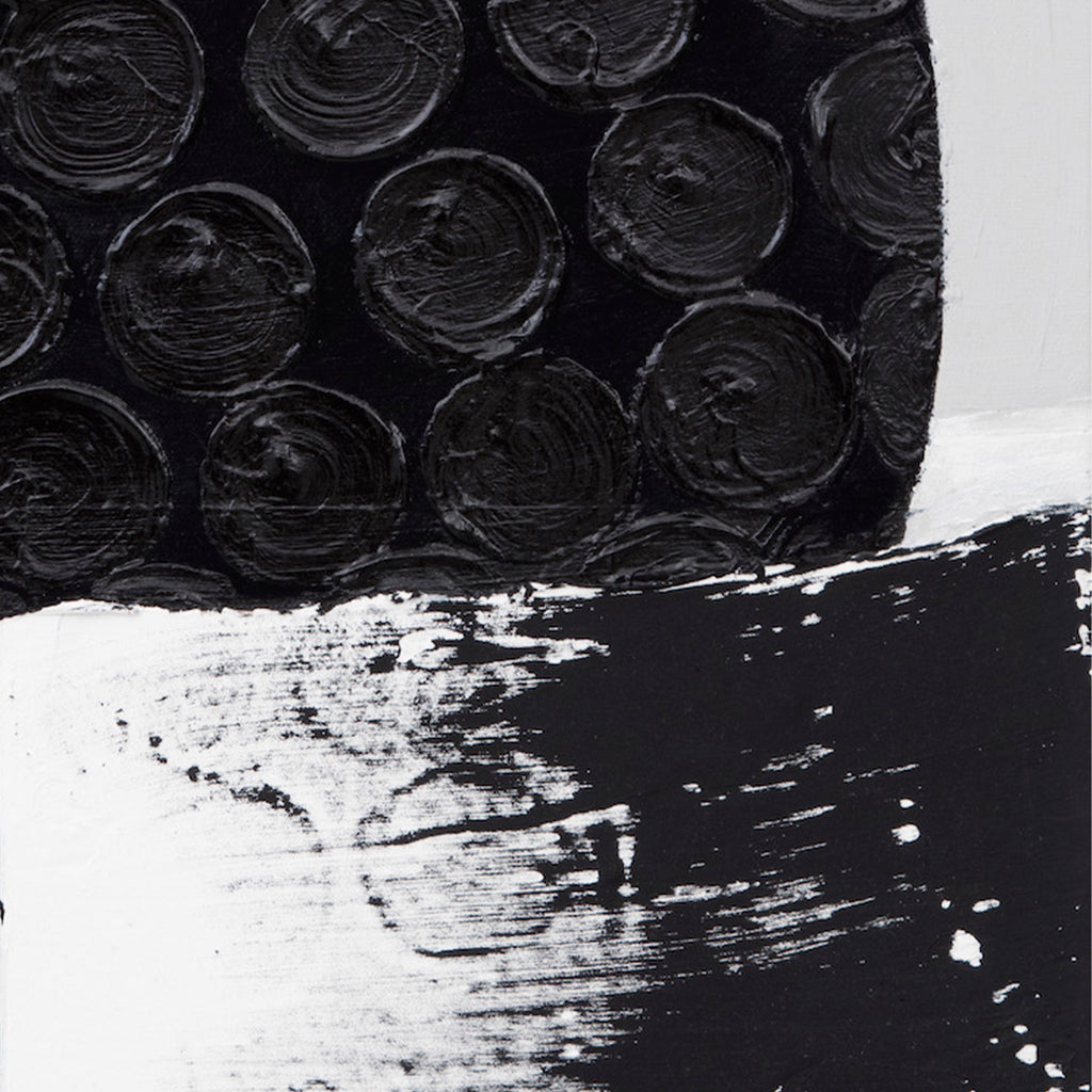 The artwork 'Certain Dark Things #84' by Sarah Dineen features bold circular patterns in rich black acrylic paint arranged in a grid-like formation against a stark white background. The textured circles show distinct brushwork, while a dramatic diagonal sweep of black paint creates dynamic contrast. 24x20 inches acrylic on canvas.