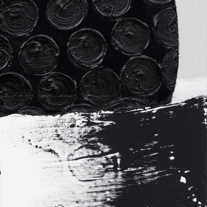 The artwork 'Certain Dark Things #84' by Sarah Dineen features bold circular patterns in rich black acrylic paint arranged in a grid-like formation against a stark white background. The textured circles show distinct brushwork, while a dramatic diagonal sweep of black paint creates dynamic contrast. 24x20 inches acrylic on canvas.