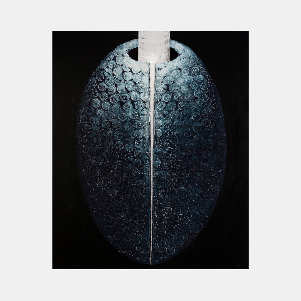 The artwork 'Certain Dark Things #60' by Sarah Dineen features an oval-shaped composition with intricate spiral patterns in deep blue-black tones. A stark white vertical line bisects the center, creating dramatic contrast. The textured acrylic surface displays a mesmerizing array of swirling forms against a dark background, measuring 72 x 60 inches on canvas.