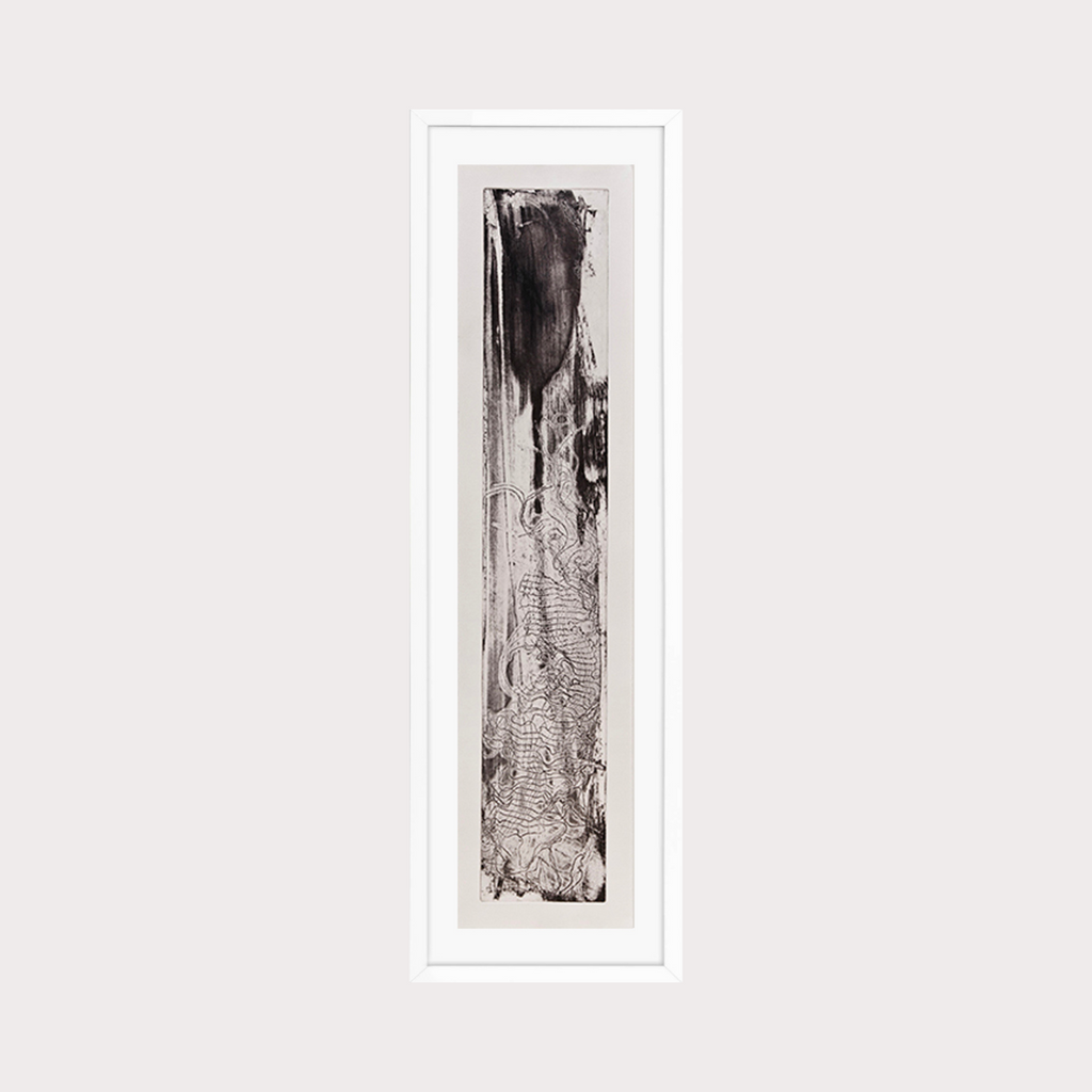 The artwork 'Sea Shadow' by Barbara Groh features a vertical monochromatic etching with dramatic flowing textures. Abstract forms suggest oceanic movements, with dark ink washes cascading down the composition, creating ethereal patterns reminiscent of water reflections. The piece combines delicate line work with bold gestural marks in a 31-inch tall narrow format by Barbara Groh.