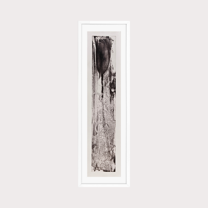 The artwork 'Sea Shadow' by Barbara Groh features a vertical monochromatic etching with dramatic flowing textures. Abstract forms suggest oceanic movements, with dark ink washes cascading down the composition, creating ethereal patterns reminiscent of water reflections. The piece combines delicate line work with bold gestural marks in a 31-inch tall narrow format by Barbara Groh.