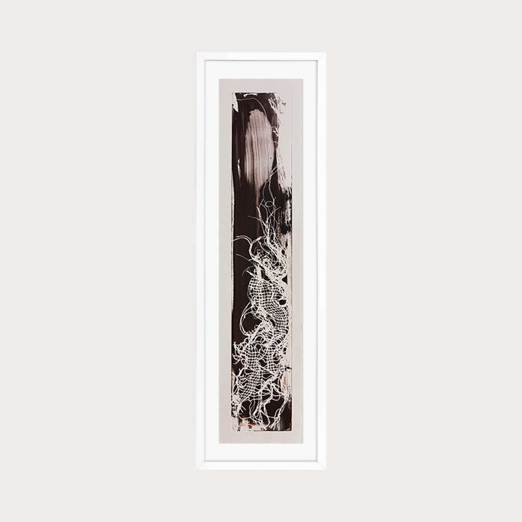 The artwork 'Serpentine' by Barbara Groh features a striking black and white etching depicting an intricate, winding pattern resembling a serpentine form. The vertical composition combines bold brushstrokes with delicate linear details, creating a dynamic contrast between light and dark elements across the elongated frame. By Barbara Groh.