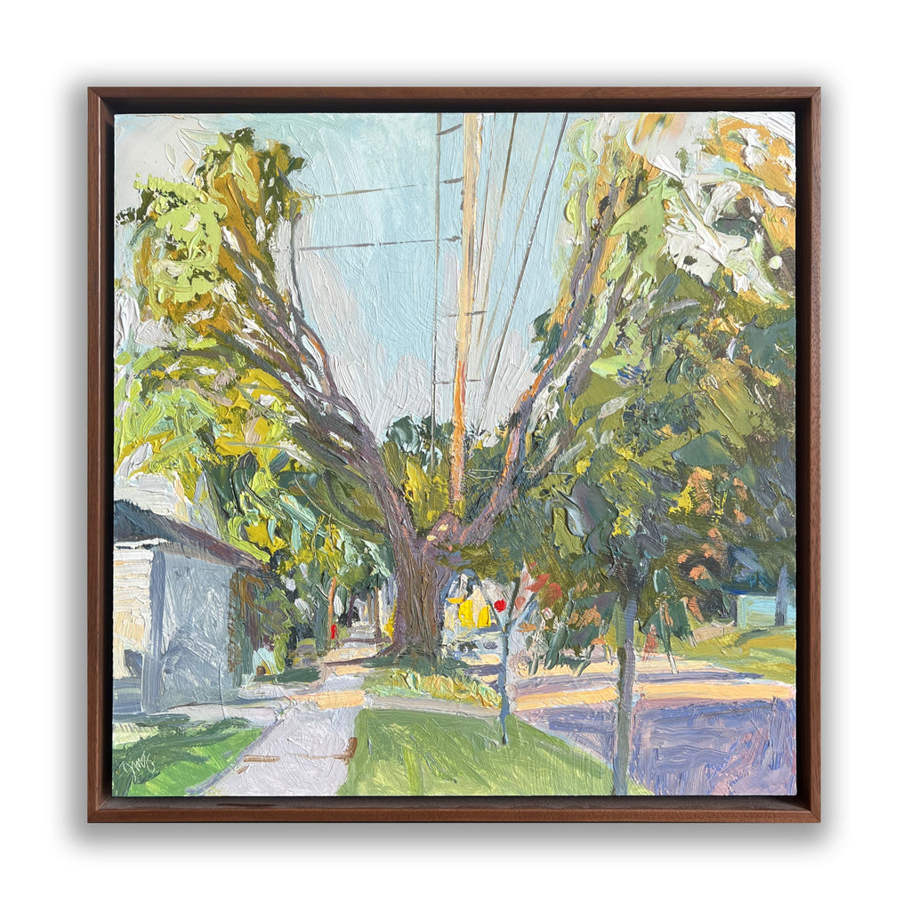 The artwork 'Past is Prologue' by Justin Shull captures a sun-drenched suburban street scene with vibrant green trees lining a concrete sidewalk. Impressionistic brushstrokes render power lines stretching across a pale blue sky, while thick oil paint creates texture in the foliage and dappled shadows. The 16x16 inch oil painting on panel depicts an everyday urban landscape with masterful light and perspective. By Justin Shull.