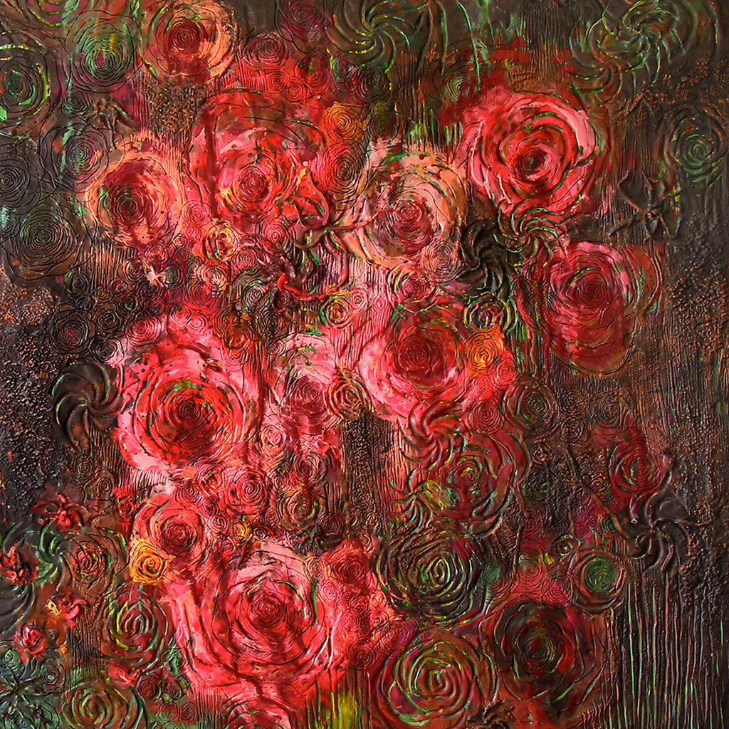The artwork 'Roses, Ghosts and Galaxies' by Seren Morey features vibrant red roses in swirling patterns, textured with encaustic wax on panel. Deep crimson blooms emerge from a dark background, with ethereal green spiral details creating a cosmic effect. The heavily textured surface creates a dimensional, otherworldly quality that merges floral and celestial themes.