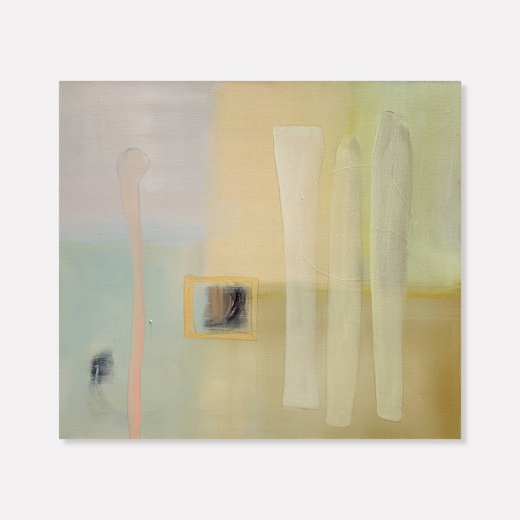 The artwork 'SOUTHEAST' features ethereal vertical forms in soft peach and white against a dreamy pastel background of mint green and pale yellow. Abstract cylindrical shapes emerge from a misty canvas, with subtle graphite details creating depth and dimension. Oil painting technique creates translucent layered effects. By Nina Meledandri.