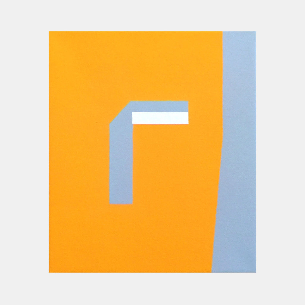 The artwork 'Ethos' by Shyun Song features a minimalist geometric composition with a bold angular light blue form resembling a backwards L-shape against a vibrant orange background. The oil on canvas piece demonstrates sharp edges and clean color blocking, creating a striking contrast between warm and cool tones. Part of a diptych collection by Shyun Song.