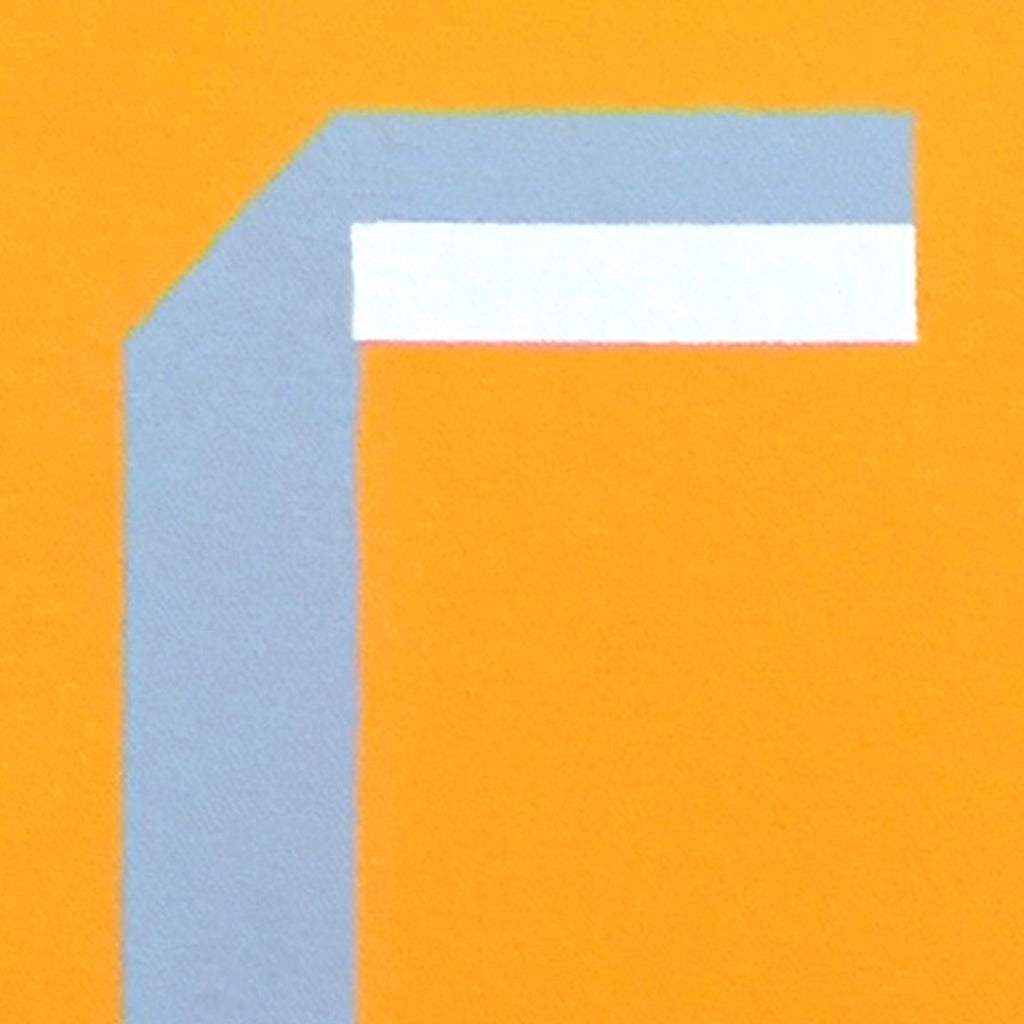 The artwork 'Ethos' by Shyun Song features a minimalist geometric composition with a light blue L-shaped form against a vibrant orange background. The oil painting on canvas displays sharp edges and clean lines, creating a strong contrast between warm and cool tones. The abstract design emphasizes negative space and architectural elements - by Shyun Song