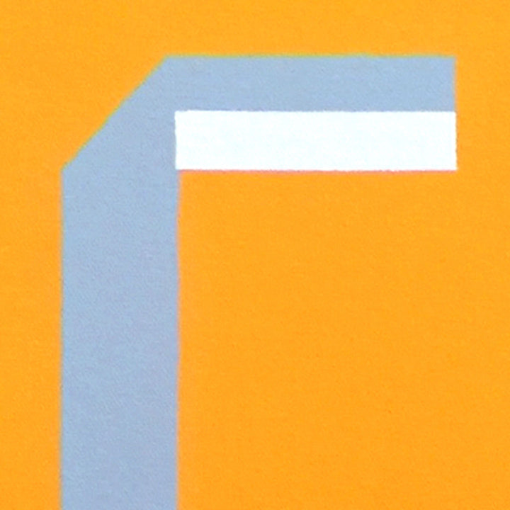 The artwork 'Ethos' by Shyun Song features a minimalist geometric composition with a light blue L-shaped form against a vibrant orange background. The oil painting on canvas displays sharp edges and clean lines, creating a strong contrast between warm and cool tones. The abstract design emphasizes negative space and architectural elements - by Shyun Song