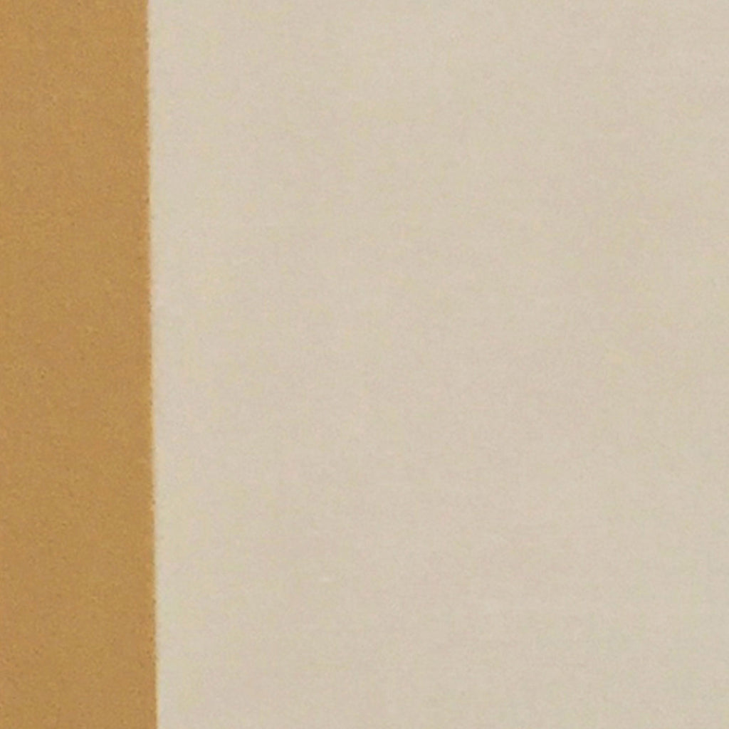 The artwork 'Justice' by Shyun Song features a minimalist composition of two distinct vertical sections: a rich golden ochre stripe on the left contrasting with a serene off-white expanse on the right. The oil on canvas texture creates subtle variations in both color fields, expressing depth and contemplation through geometric abstraction. - Shyun Song