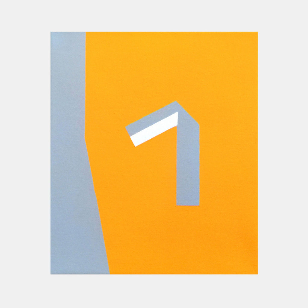 The artwork 'Pathos' by Shyun Song features a minimalist geometric composition with a striking contrast between vibrant orange and soft gray sections. An angular, architectural form in gray intersects the orange background, creating a bold abstract design. The oil on canvas piece exemplifies clean lines and color block techniques.