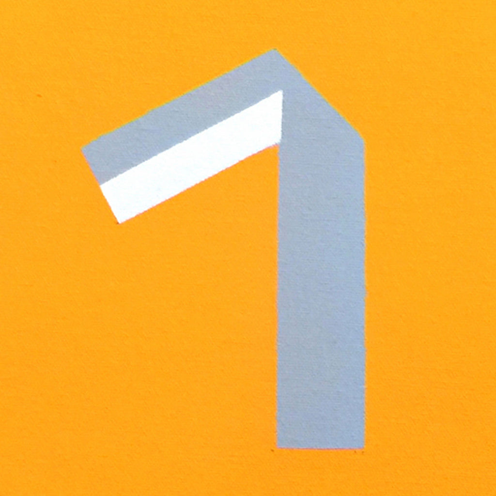 The artwork 'Pathos' by Shyun Song features a minimalist geometric composition with a bold angular grey form resembling the number 7 against a vibrant orange background. Oil on canvas painting showcases clean lines and sharp contrast, creating a striking contemporary abstract design. Part of a diptych series exploring form and color.