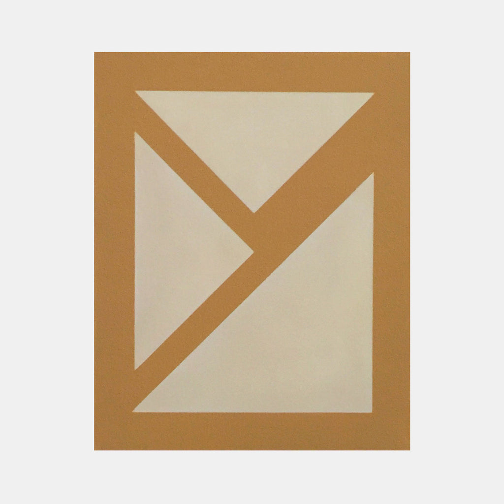 The artwork 'Prejudice' by Shyun Song features a minimalist geometric composition with bold caramel-brown borders framing triangular shapes in cream white. The oil on canvas piece showcases clean lines and sharp angles, creating a striking abstract design that balances negative and positive space. Part of a diptych measuring 20x16 inches.