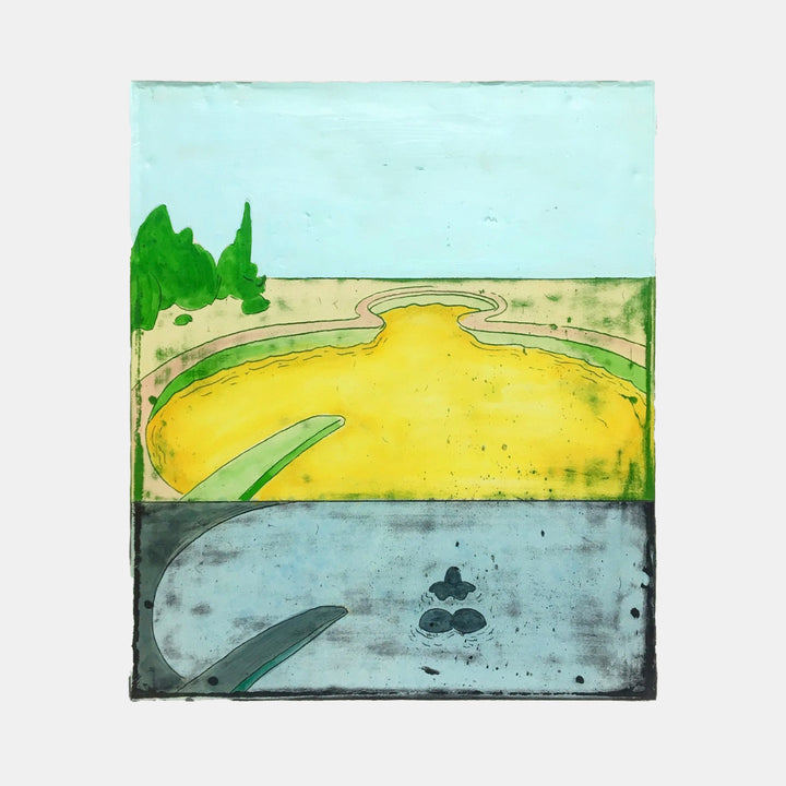 The artwork 'Sacred Sluggish Holiday' by Evan Peltzman features a minimalist landscape composition in layered horizontal bands. A pale turquoise sky tops vibrant yellow middle ground with flowing curves, bordered by green foliage accents. The bottom section shows muted gray-blue tones with abstract organic shapes, created using ink and plaster on wood panel.