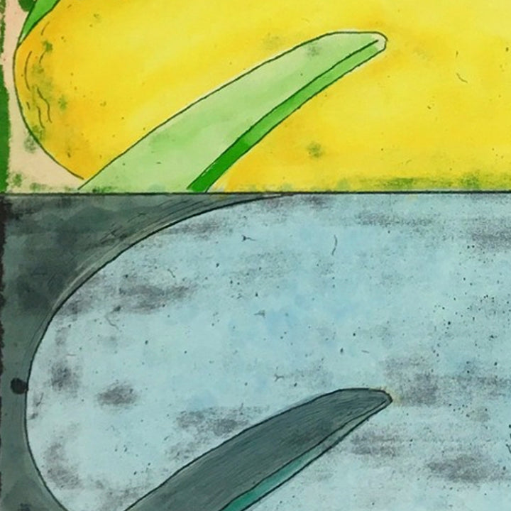 The artwork 'Sacred Sluggish Holiday' by Evan Peltzman features abstract curved forms in contrasting yellow and blue-grey sections, divided horizontally. Green leaf-like shapes emerge from both sections, creating a mirror effect. The mixed media piece combines ink and plaster on wood panel, showcasing textural elements and organic flowing lines.
