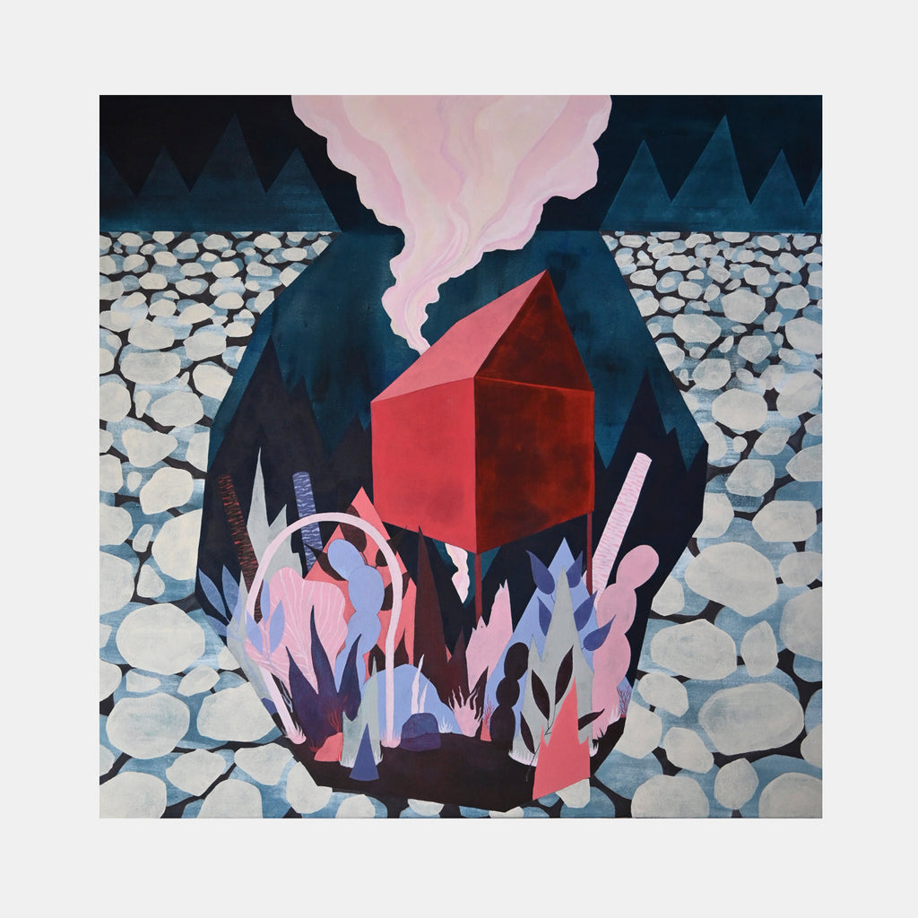 The artwork 'Safe House' by Tyler Sorgman features a striking red geometric house structure amid abstract flames in pink and purple hues, set against a dark blue backdrop. White stone patterns frame the composition, while pink smoke rises dramatically above. The acrylic painting combines angular shapes with organic forms, creating a surreal contemporary landscape on canvas.