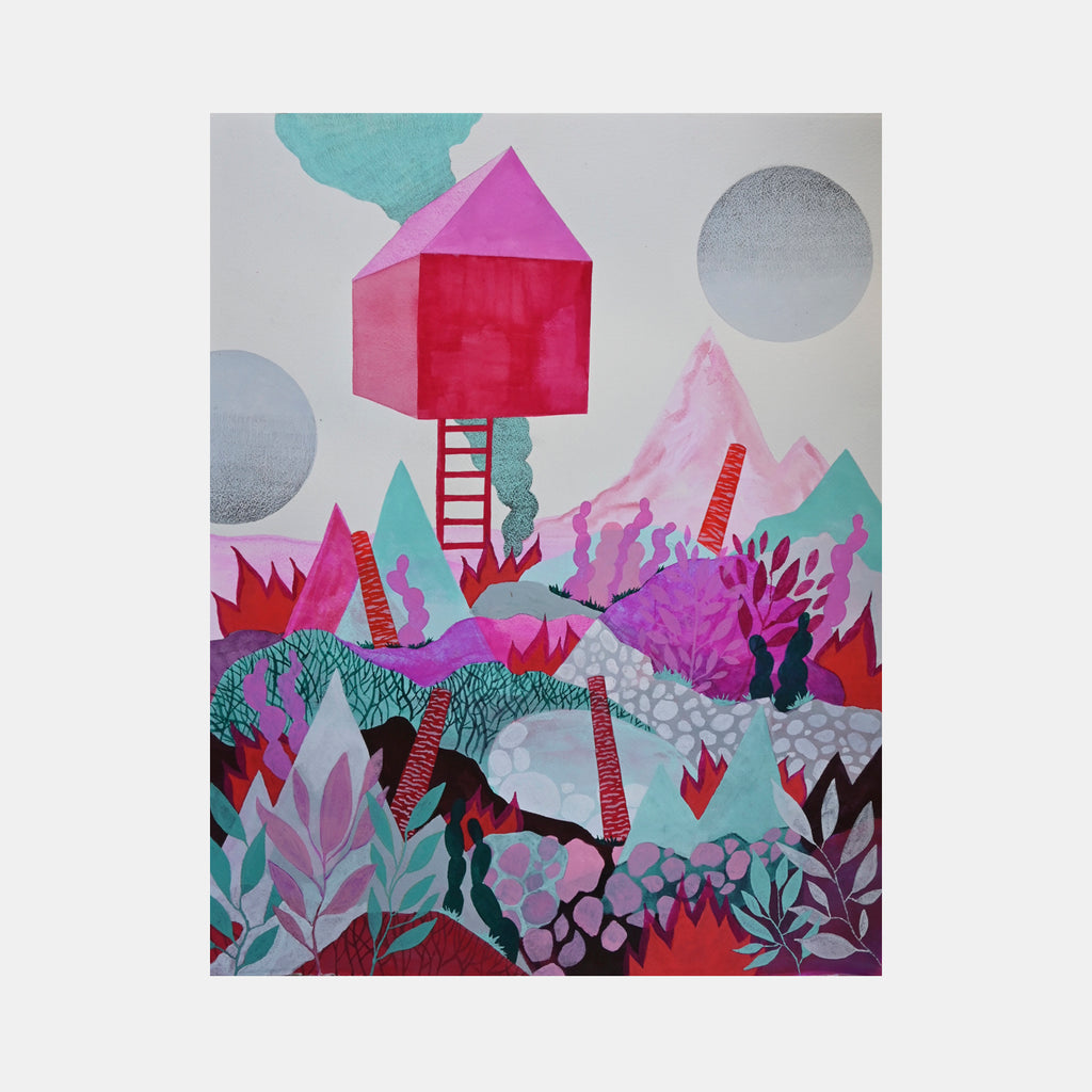 The artwork 'Safe House II' by Tyler Sorgman features a whimsical landscape with a vibrant red elevated house atop a ladder, surrounded by abstract flora in turquoise, magenta, and purple hues. Silver moons float in a pale grey sky above a textured garden of geometric shapes and organic forms, created with gouache and graphite on paper.