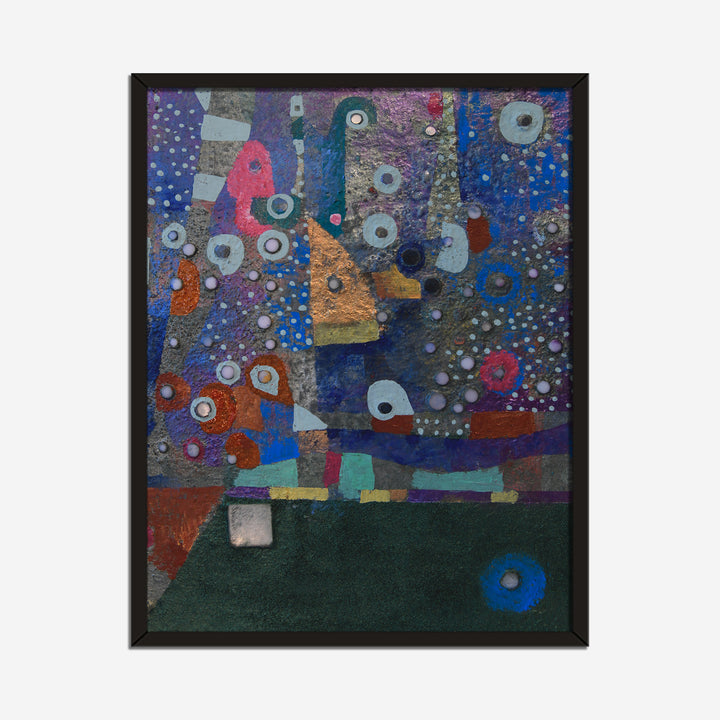The artwork 'Sail at Night' by Alise Loebelsohn features an abstract mixed-media composition combining beads and oil paint on panel. Deep blues and purples dominate the upper portion, dotted with circular white beaded elements reminiscent of stars. The lower section shows a dark green base, creating a horizon-like effect. Orange, pink, and turquoise geometric shapes create a mosaic-like pattern throughout the 14x11 inch piece. by Alise Loebelsohn