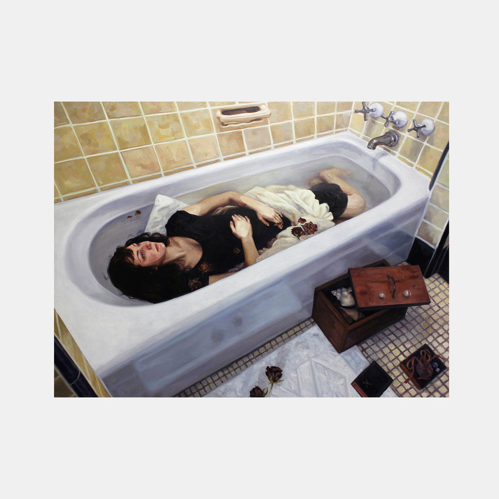 The artwork 'Sally Dreams' by Elody Gyekis depicts a figure reclining in a vintage white porcelain bathtub, wearing dark fabric and surrounded by scattered roses. The composition features yellow-tiled walls, chrome fixtures, and an antique wooden box nearby. The oil painting captures a dreamy, atmospheric quality with rich contrasts between light and shadow. Oil on canvas, 36x48 inches. By Elody Gyekis.