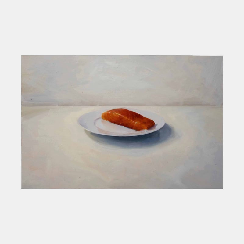 The artwork 'Salmon Fillet' by Amy Hughes depicts a vibrant orange-red salmon fillet resting on a white ceramic plate against a minimalist pale gray background. The oil painting captures the subtle sheen of the fish and soft cast shadows, rendered with realistic detail on a 24x36 inch canvas. The composition emphasizes simplicity and culinary elegance.
