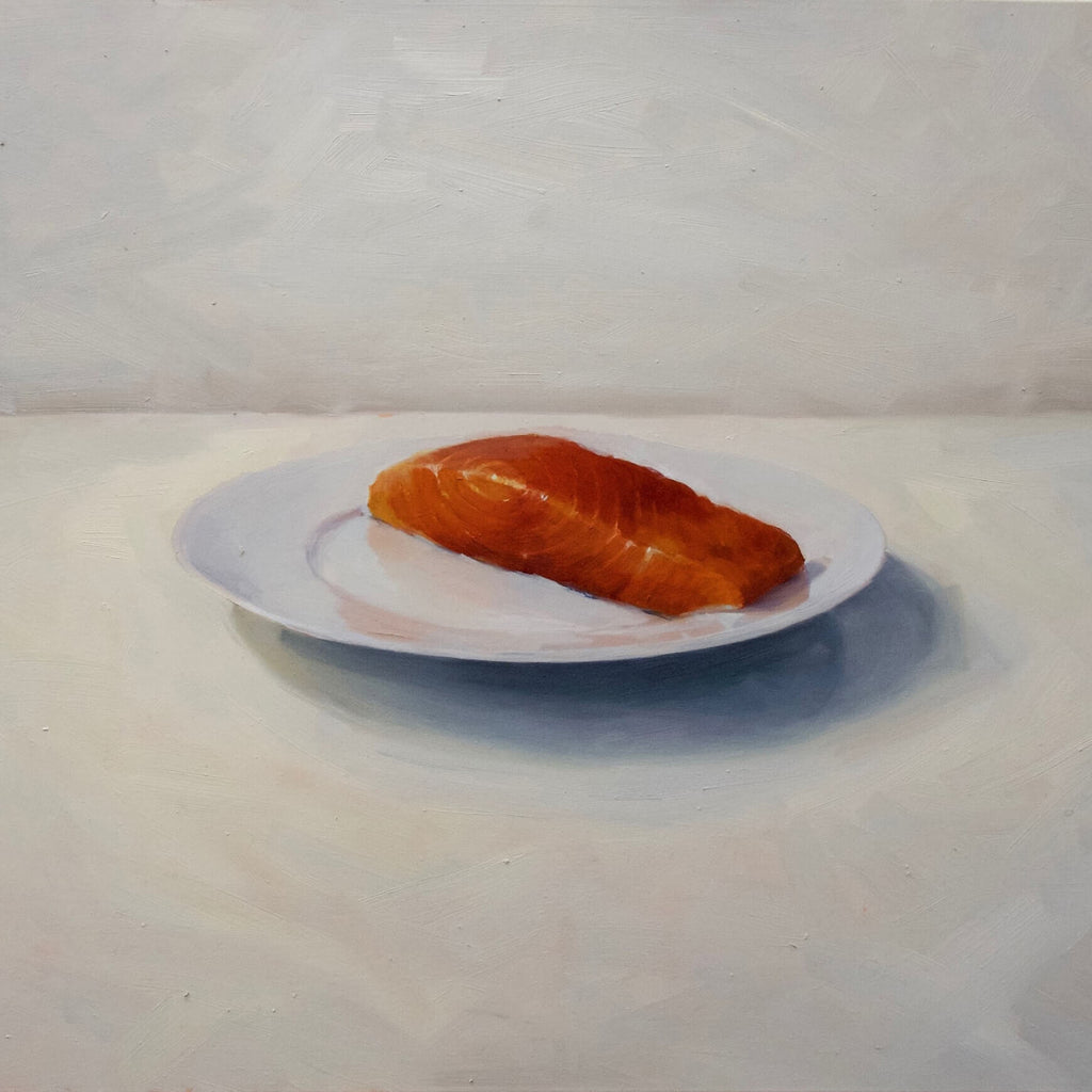 Artwork 'Salmon Fillet' by Amy Hughes depicts a vibrant orange-pink salmon fillet centered on a pristine white ceramic plate against a minimalist pale gray background. The oil painting captures the rich, glossy texture of fresh fish with masterful shadowing and highlights, showcasing hyper-realistic culinary art technique by Amy Hughes