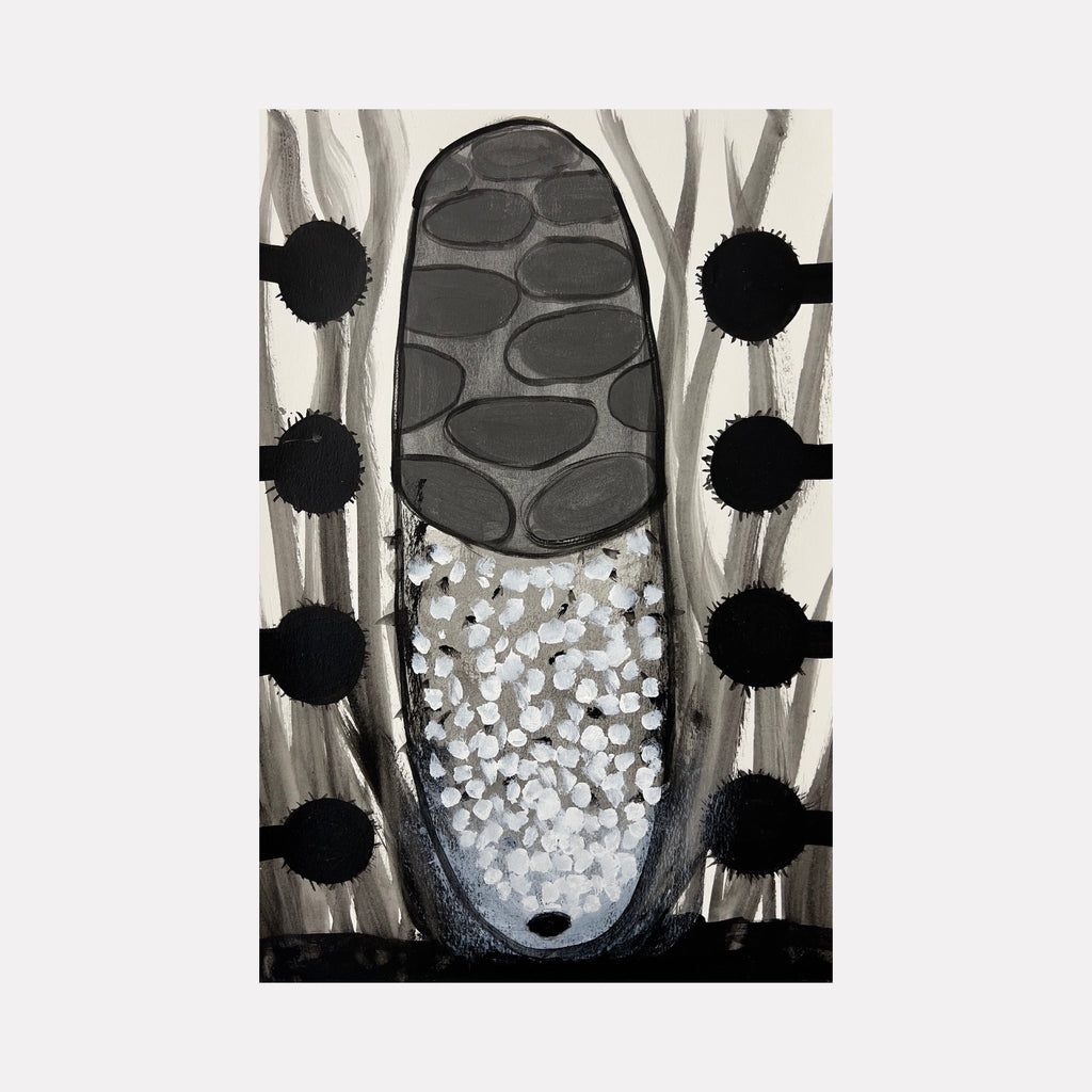 The artwork 'Certain Dark Things, (study #25)' by Sarah Dineen features a monochromatic abstract composition with a central elongated oval form containing organic pebble-like patterns in gray and white. Bold black circular dots flank both sides, creating a rhythmic border against a pale background. The piece combines structured geometric elements with organic textures and patterns.