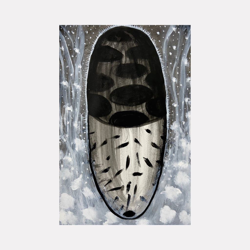 The artwork 'Certain Dark Things (study #26)' by Sarah Dineen features an oval-shaped portal with dark circular forms floating against a textured gray background. Small black brushstrokes scatter across the lower portion, contrasting with misty white and silver tones surrounding the central motif. Archival print showcases abstract expressionist style with monochromatic palette. By Sarah Dineen.