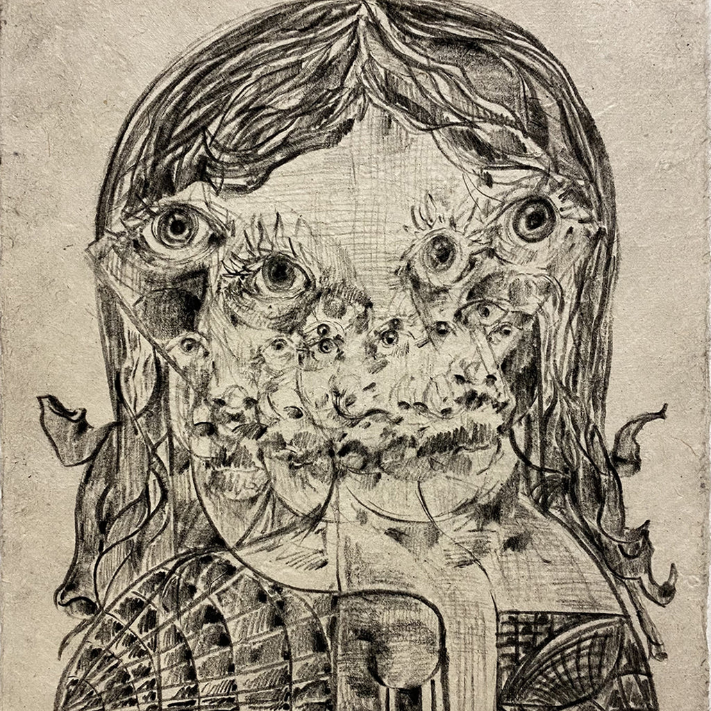 The artwork 'Satellite Skin' by Chancy Glance features a surreal charcoal drawing on lokta paper, depicting an abstract figure with multiple ethereal eyes arranged in a cosmic pattern. The piece showcases intricate line work, textured shading, and geometric elements, creating a haunting fusion of organic and mechanical forms through bold charcoal strokes on a textured surface.