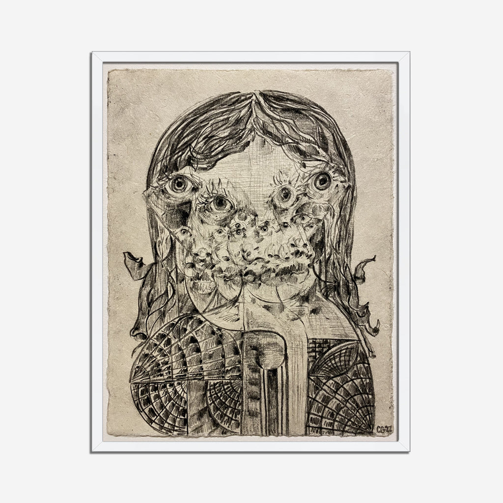 The artwork 'Satellite Skin' by Chancy Glance features a surreal charcoal drawing on lokta paper depicting a figure with multiple overlapping eyes and flowing hair. Intricate geometric patterns resembling satellite dishes and circuit boards form the lower portion, creating a haunting fusion of organic and mechanical elements in monochromatic tones. 11x8.5 inches charcoal artwork by Chancy Glance.