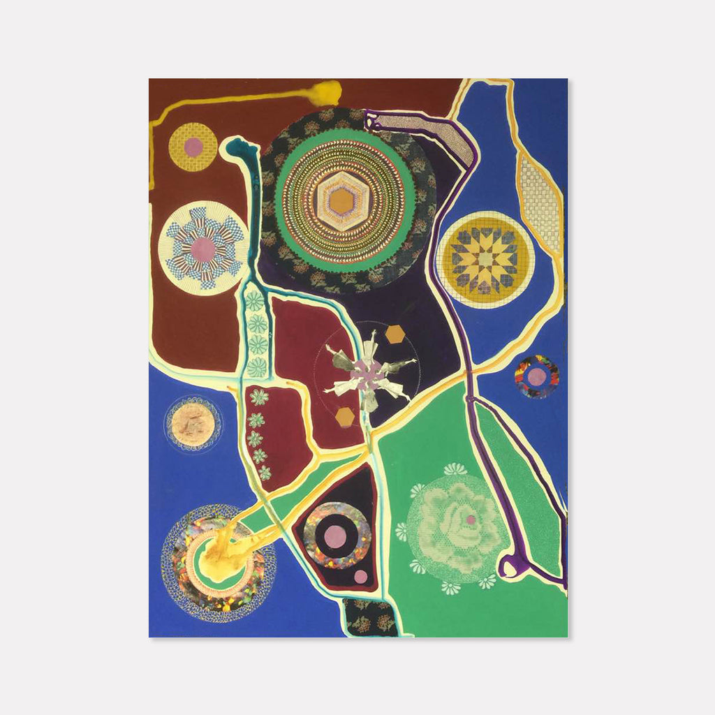 The artwork 'Say Something Else' by Dee Shapiro features vibrant circular mandalas interconnected by flowing organic lines across rich blue, brown, and green color blocks. The piece showcases intricate geometric patterns, detailed medallions, and concentric circles in metallic and pastel hues, creating a dynamic abstract composition reminiscent of cellular structures or cosmic imagery. Created by Dee Shapiro.