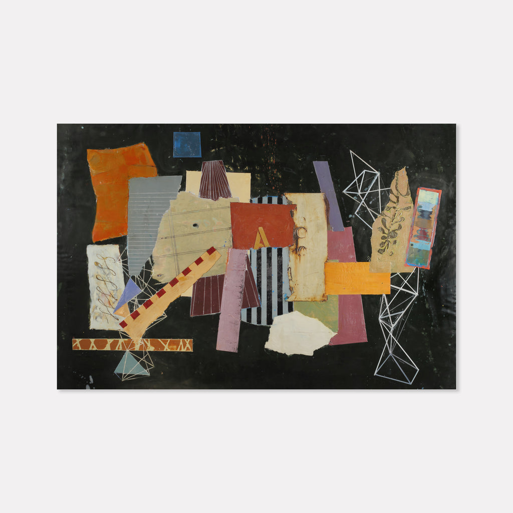 The artwork 'Scavenger' by Karen Nielsen-Fried features an abstract collage composition on a dark background, combining geometric shapes and paper fragments in orange, yellow, pink, and blue hues. Textural elements include striped patterns and angular forms, creating a dynamic assemblage that reflects both order and chaos through encaustic and oil techniques on wood panel.