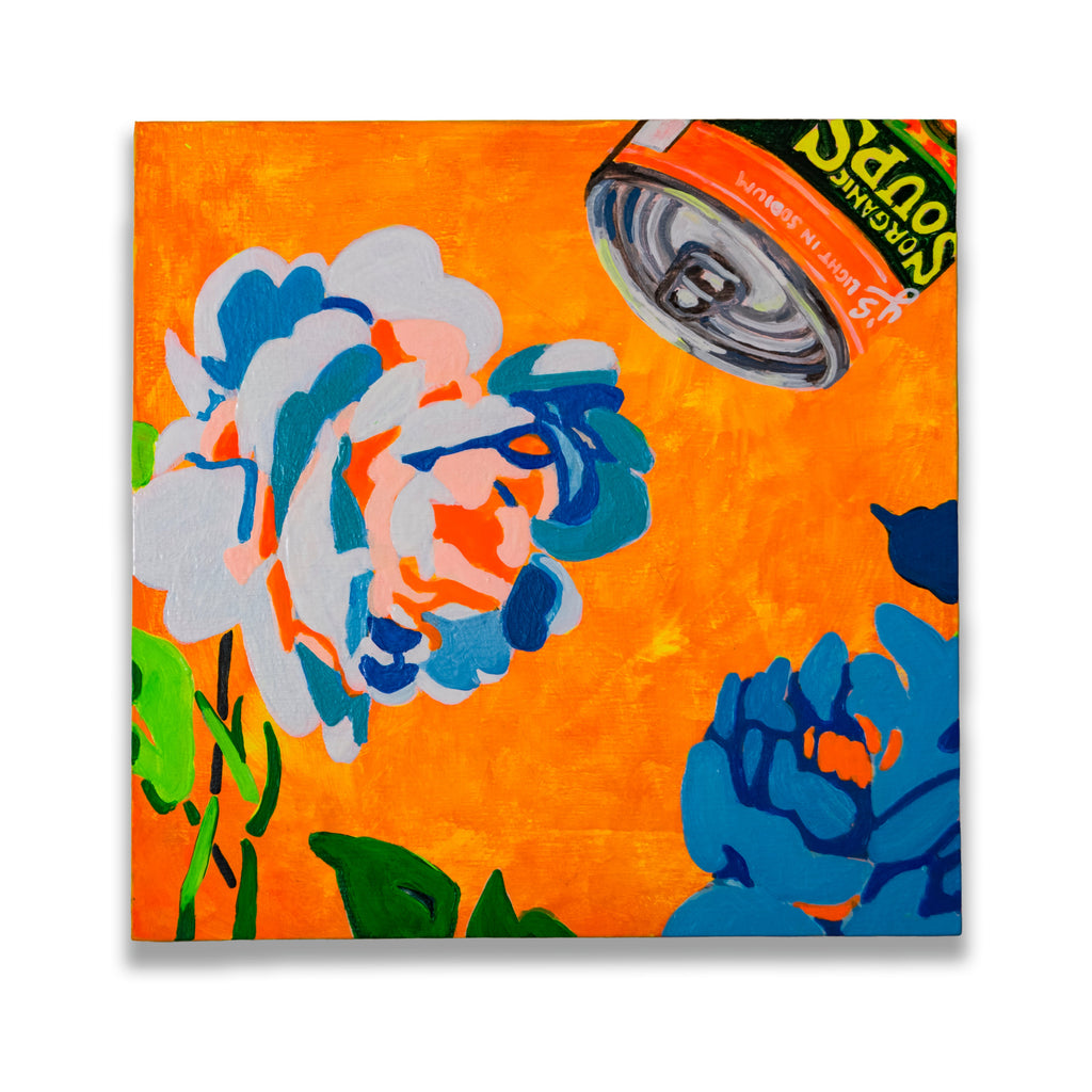 The artwork 'Sense Sustinance' by Mary Younkin features vibrant blue and white roses against a luminous orange background. The abstract floral composition includes bold green stems and a partially visible can lid in the corner, creating a dynamic modern still life on a 10x10 inch wood panel using acrylic paint. - Mary Younkin
