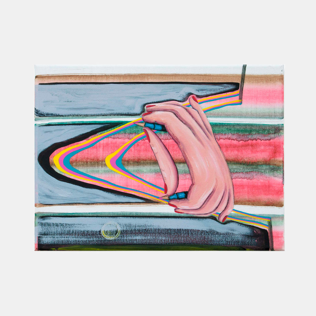 The artwork 'Scheideweg' by Christian Perdix depicts a surreal composition featuring a hand grasping colorful rainbow-like ribbons against a layered background of soft blue, pink, and green horizontal stripes. The oil and acrylic painting on cotton canvas showcases fluid brushwork and a contemporary pop art aesthetic, with dynamic movement created by curved lines. By Christian Perdix.