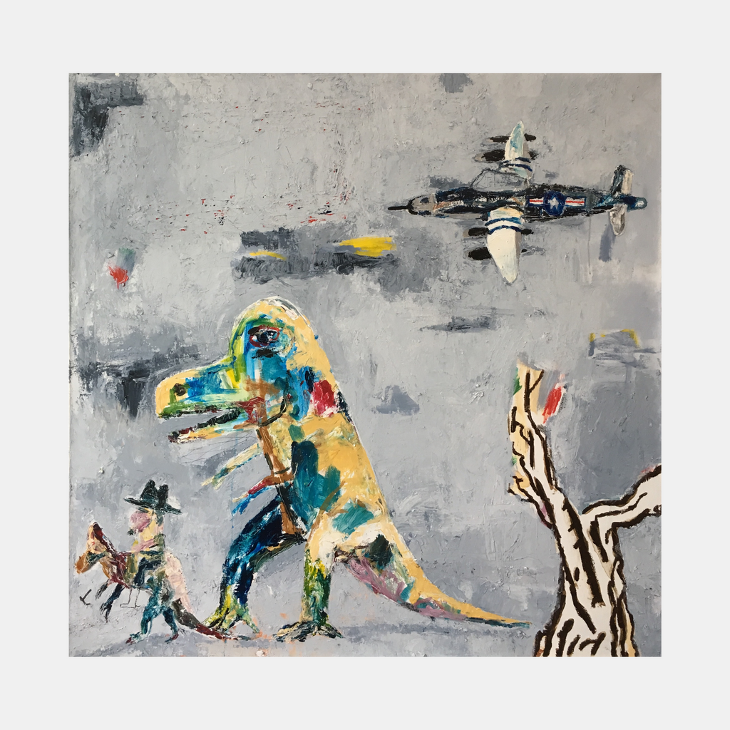 The artwork 'Scientific American' by Andrew Chan features a vibrant yellow and turquoise dinosaur figure against a misty gray background, accompanied by a vintage-styled aircraft, abstract human figure, and stylized tree. The oil and wax on canvas creates rich textural elements, blending whimsical surrealism with contemporary expressionism in a 50x50 inch composition. By Andrew Chan.
