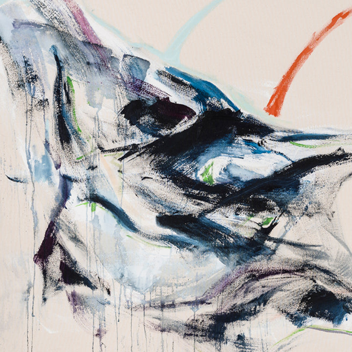 The artwork 'Scorch' by W Lu features dynamic abstract brushstrokes in shades of deep navy, black, and ice blue, creating a sweeping mountainous landscape effect. Bold gestural marks and dripping techniques create movement across the canvas, while touches of coral, green, and purple add depth to the composition. The acrylic painting's expressionist style captures raw energy and fluid motion.