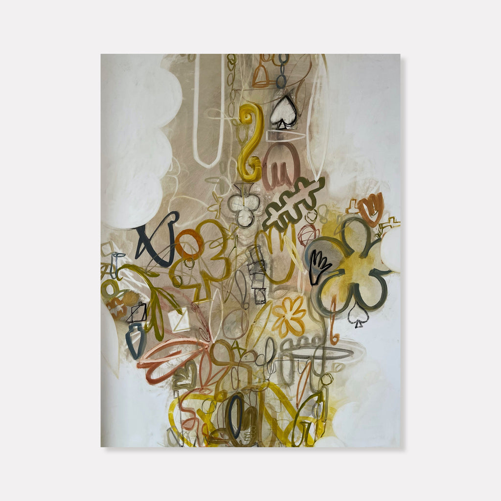The artwork 'Score' features abstract playing card symbols and fluid shapes in muted gold, black, and rust tones against a luminous cream background. Painterly brushstrokes create an ethereal composition with spades, curves, and gestural marks flowing upward in a musical arrangement. Oil on Yupo paper by Janice La Motta.