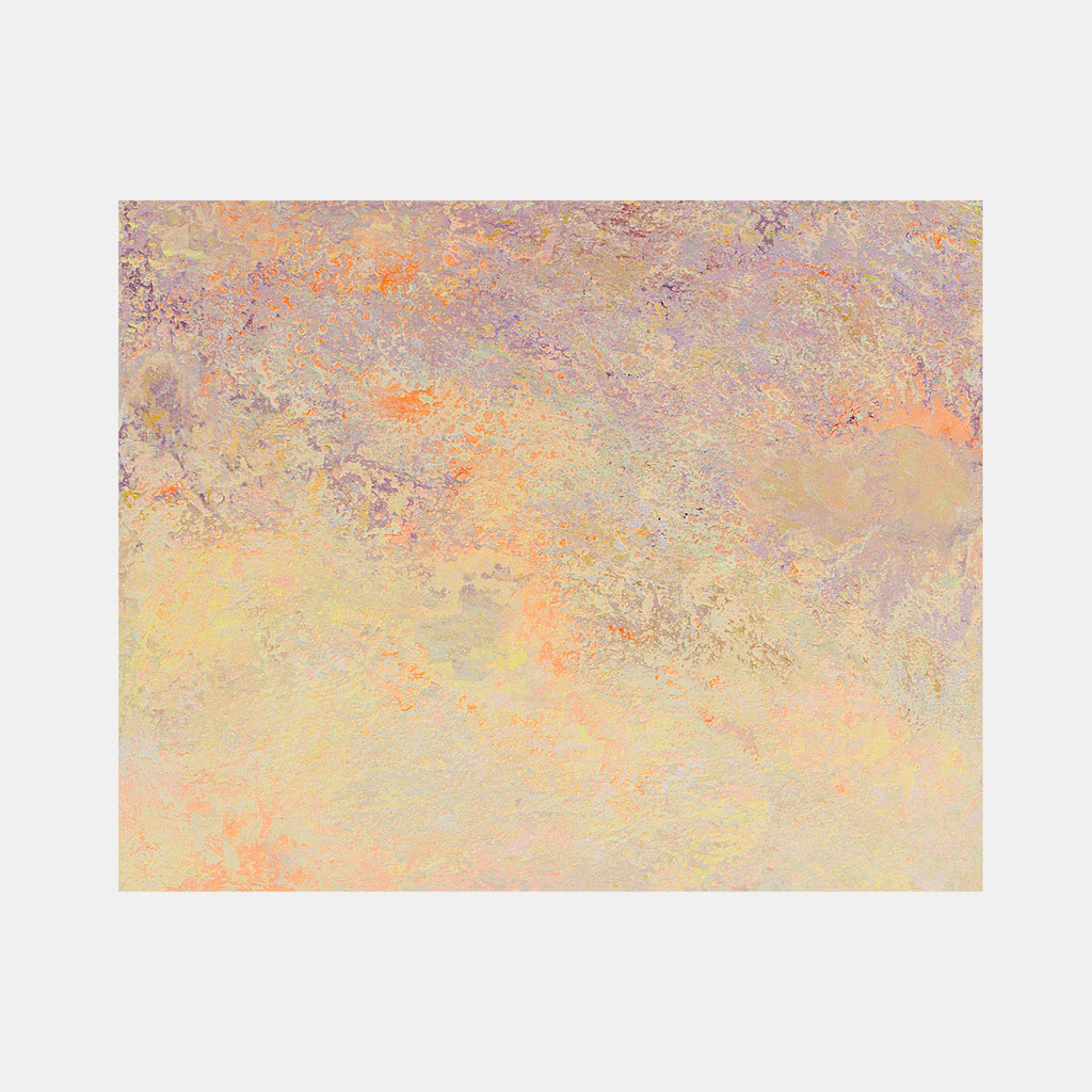 The artwork 'Scrape II' by Jacqueline Ferrante features a textured abstract composition with a soft peach and cream gradient background, accented by subtle purple undertones and orange highlights. The surface appears weathered and scraped, creating an ethereal atmospheric effect on the wood panel, painted with acrylic medium.
