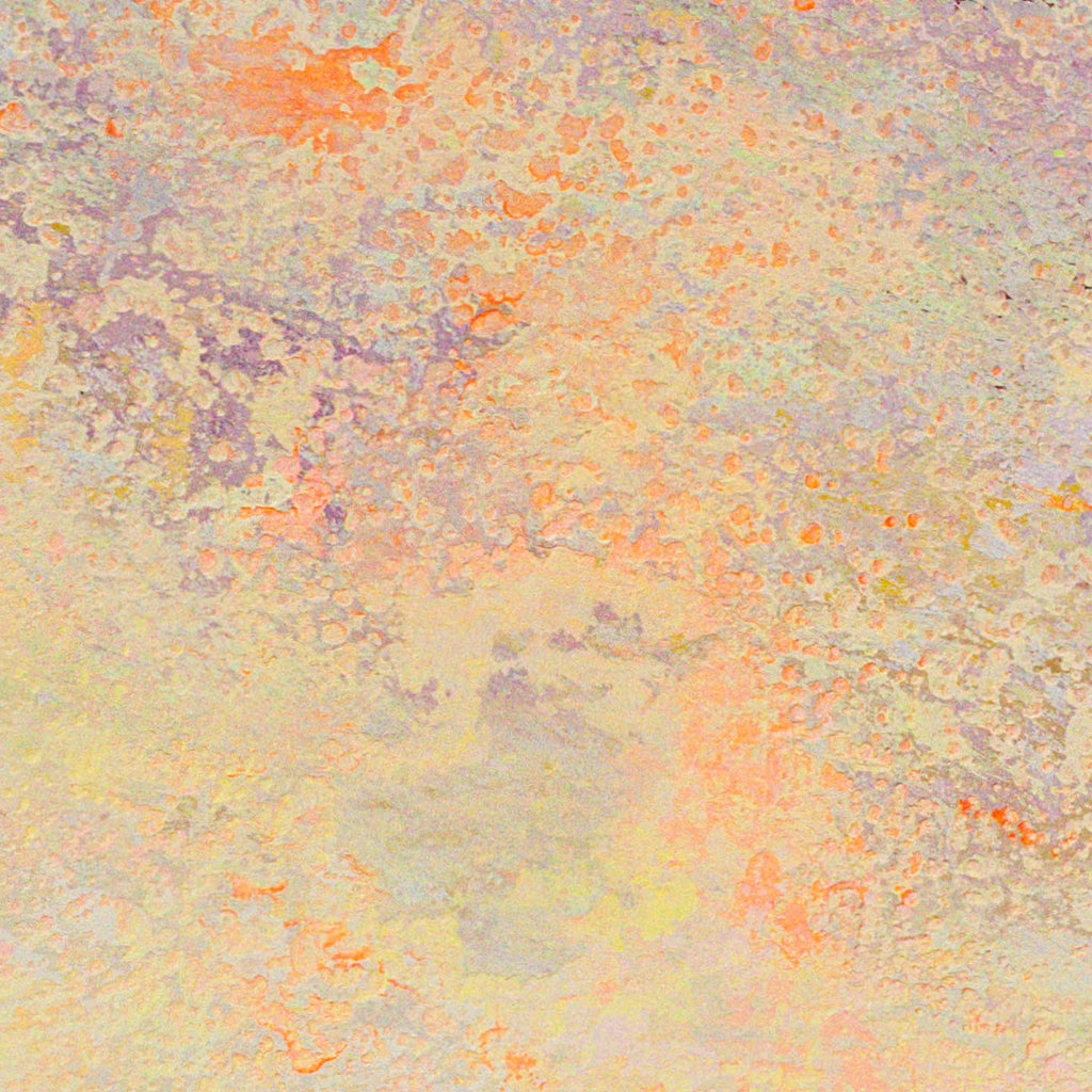 The artwork 'Scrape II' by Jacqueline Ferrante features a textured abstract composition with mottled peach, coral, and lavender hues blending across the surface. The acrylic paint creates a weathered, distressed effect on wood panel, with scattered patches of pale yellow and cream tones emerging through scraped layers, giving depth and atmospheric quality to the 16x20 inch piece.