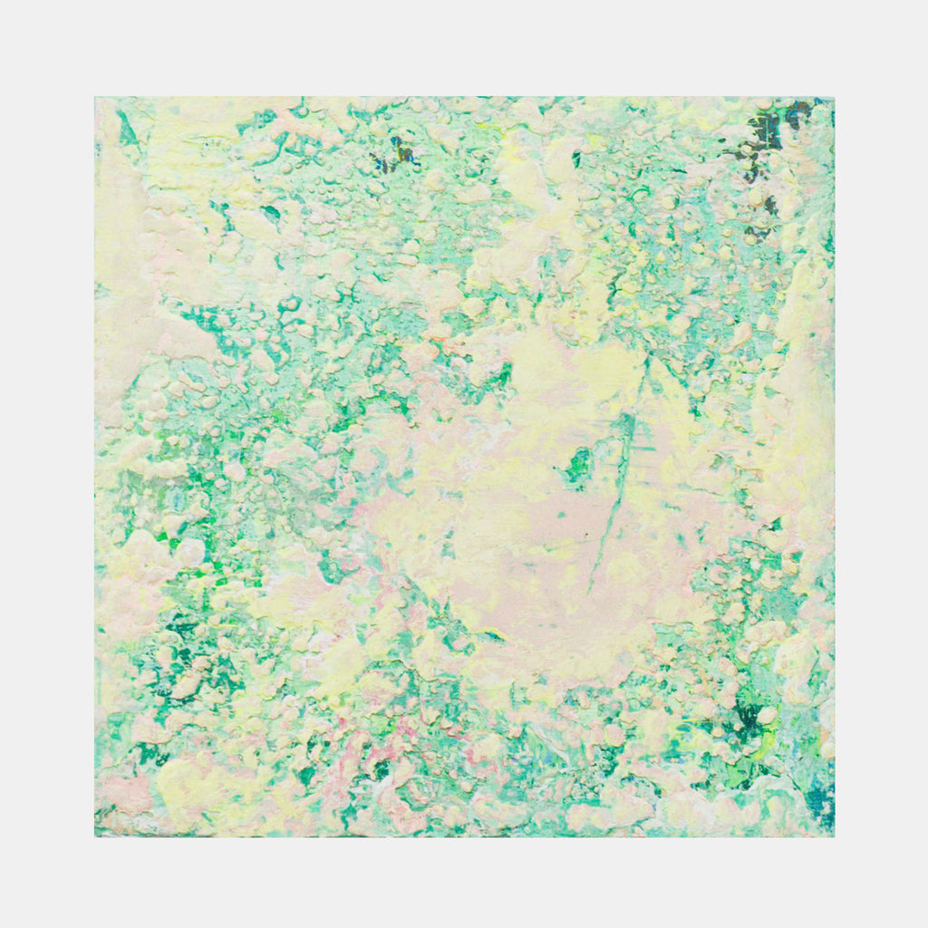 The artwork 'Scrape III' by Jacqueline Ferrante features a textured abstract composition with scattered mint green and turquoise patterns against a creamy white background. The acrylic paint creates a marbled, scraped effect across the 6x6 inch canvas, suggesting organic movement and natural weathering patterns.