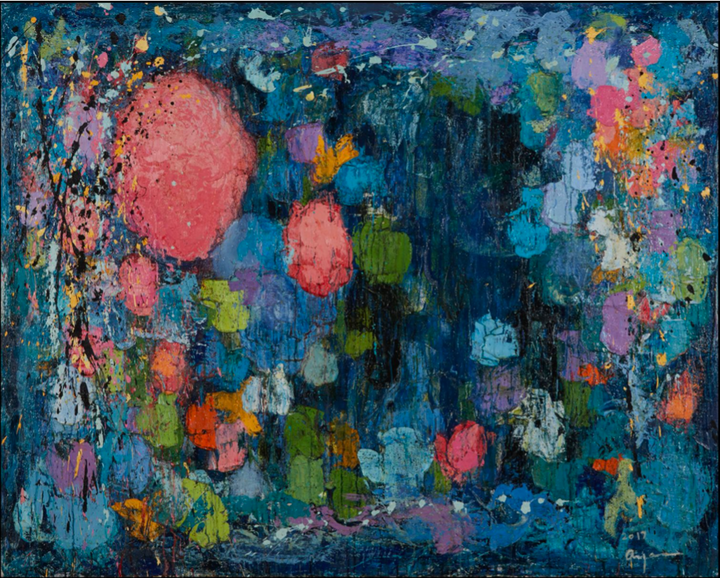 The artwork 'Day Dreamer's Notebook' features an abstract expressionist composition with vibrant coral pink circles floating against a deep oceanic blue background. Splashes of yellow, green, and lavender create a dreamy atmosphere, while textured brushstrokes and dripping paint techniques add depth and movement. Oil on canvas, 48x60 inches, by Ayane Kurai.