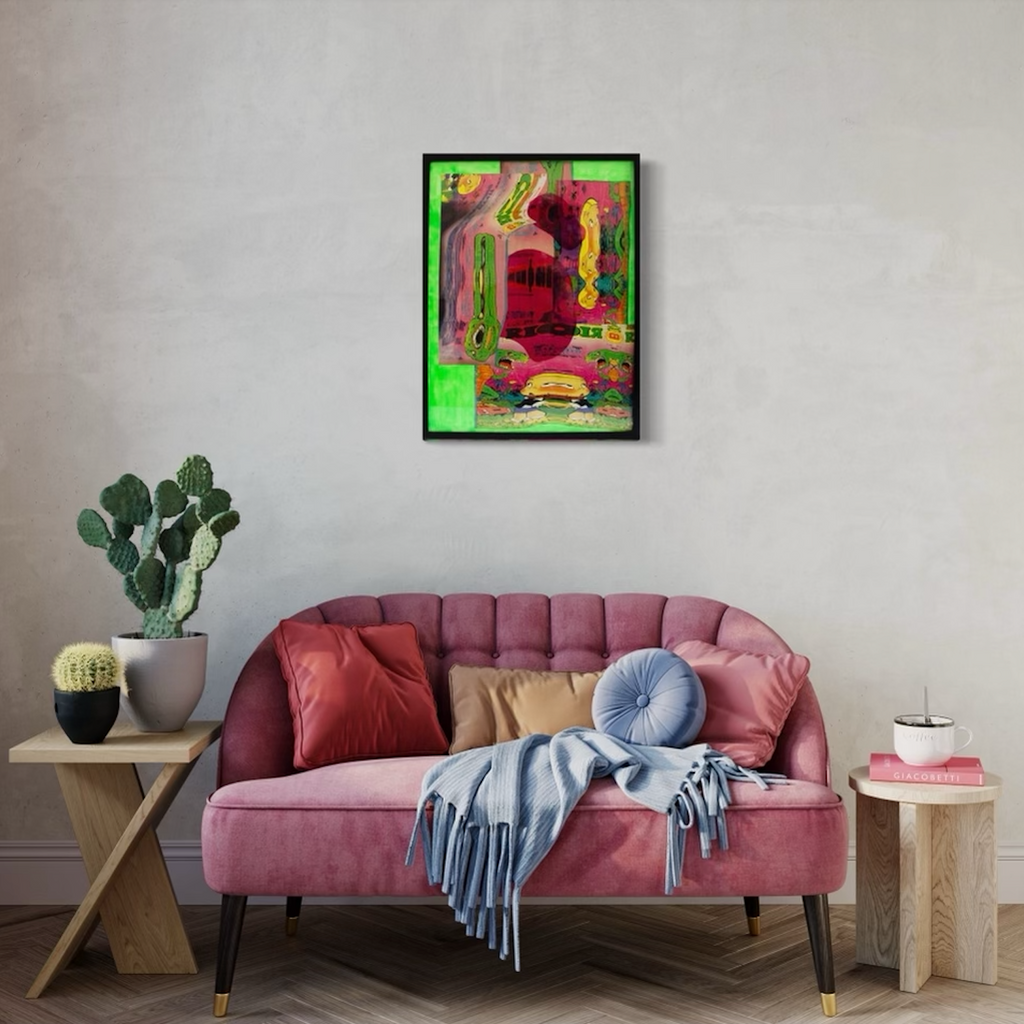 The artwork 'Indecisiveness' by Travis Witmer features a vibrant paper collage with abstract forms in neon green, deep red, and yellow hues. The composition displays layered geometric shapes and fluid lines creating a dynamic, contemporary aesthetic. The 25x19 inch piece showcases contrasting textures and bold color combinations that evoke a sense of movement and artistic spontaneity. By Travis Witmer.