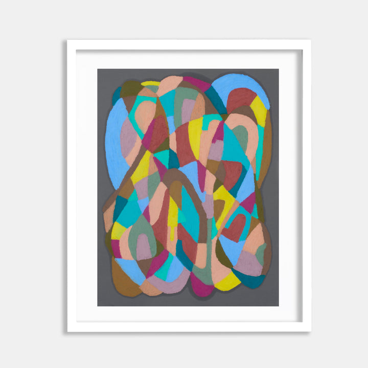 The artwork 'Sea Foam and Rust on Grey' by Alicia Little features abstract interlocking curved shapes in vibrant turquoise, rust brown, sky blue, and yellow hues against a deep grey background. Oil pastel strokes create a dynamic composition of overlapping organic forms, reminiscent of waves and coastal elements, framed in clean white.