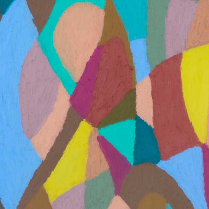 The artwork 'Sea Foam and Rust on Grey' by Alicia Little features an abstract composition of overlapping curved shapes in vibrant pastel colors. Oil pastel strokes create a mosaic-like pattern with turquoise, yellow, mauve, peach, and sky blue segments, showcasing a dynamic interplay of warm and cool tones on paper. 25x19 inches original artwork.